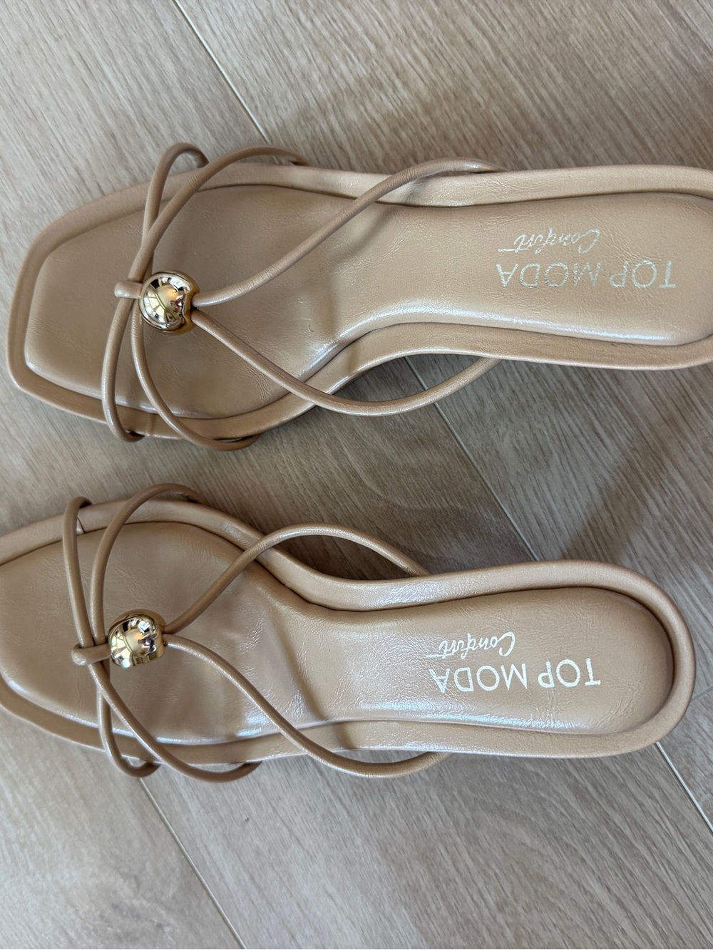 TOP Moda Nude Beige Strappy Slide Sandals with Gold Accent